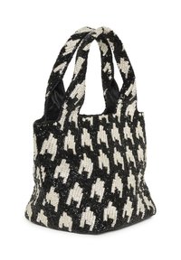 Nákupní taška s korálky s černobílým vzorem pepita, vybavená dvěma texturovanými uchy a měkkým vnitřkem vyloženým látkou.