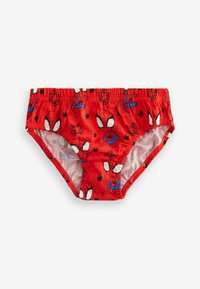 Shorts de bain rouges en tissu léger, avec un motif Spiderman illustrant différentes poses et des motifs d'araignée. Taille élastique.