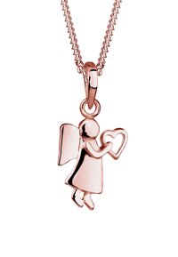 Rose gold halskæde med en englevedhæng, der holder et hjerte, med detaljerede vinger og en poleret overflade på en fin kæde.