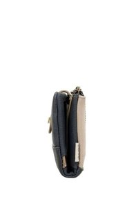 Portafoglio compatto con esterno in tessuto nero e dettagli in pelle beige, dotato di chiusura con zip e profilo sottile.