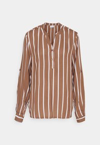 Blouse à manches longues rayée marron avec des rayures verticales blanches, col en V, patte de boutonnage, et manches retroussées avec un bouton décoratif.