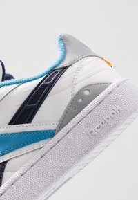 Valkoinen lenkkitossu sinisillä ja tummansinisillä yksityiskohdilla, rakenteellinen kumipohja, sileä nahkainen päällinen ja Reebok-logo. Varusteena pehmustettu varsi ja ompeluyksityiskohdat.