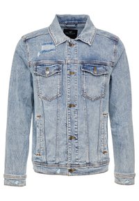 Ljusblå denimjacka med en klassisk design, som har krage med spets, två bröstfickor och slitna detaljer. Bronzefärgad hårdvara som accent.