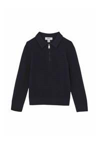 Pulover mornarske plave boje s teksturiranim uzorkom, ovratnikom i zatvaranjem na pola sa patentnim zatvaračem. Izrađen je od pletenog materijala s dugim rukavima.