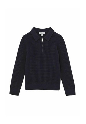 Tamsiai mėlynas megztinis su tekstūruotu raštu, apykakle ir pusiau užtrauktuku priekyje. Pagamintas iš megztos medžiagos su ilgomis rankovėmis.