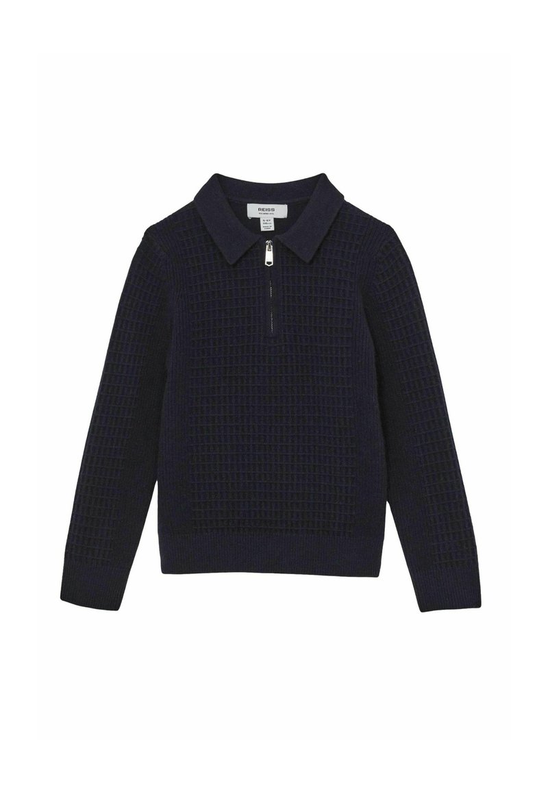 Pulover mornarske plave boje s teksturiranim uzorkom, ovratnikom i zatvaranjem na pola sa patentnim zatvaračem. Izrađen je od pletenog materijala s dugim rukavima.