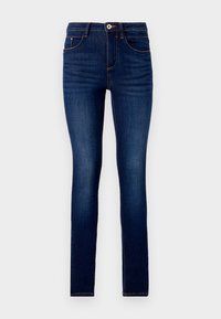 Skinny jeans in dark blue denim, featuring traditional five-pocket design, contrast orange stitching, and a button closure at the waist.
