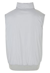 Hellgraue ärmellose Weste aus glattem, synthetischem Material. Sie verfügt über einen hohen Kragen und einen elastischen Saum, mit einem minimalistischen Design.