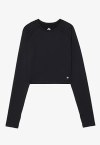 Zwarte cropped lange mouwen top van rekbaar stof. Heeft een ronde halslijn en een klein logo-accent aan de zoom.