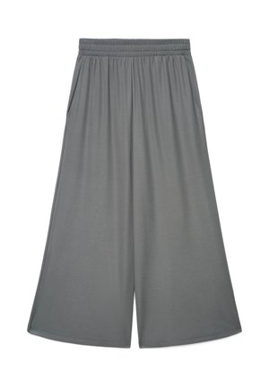 Pantalon gris à jambes larges avec taille élastique et poches latérales, fabriqué en tissu doux et léger pour un port décontracté et confortable.