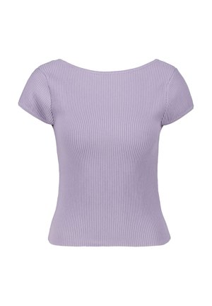 Lavender ribbed short-sleeve top with a wide neckline and fitted silhouette. Made of soft, textured fabric, offering a slim profile.