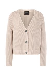 Hellbeige gestrickte Strickjacke mit V-Ausschnitt, fünf dunklen Knöpfen und langen Ärmeln. Mit gerippten Bündchen und Saum für zusätzlichen Textur.