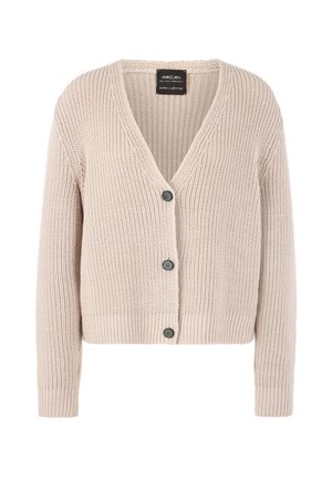 Hellbeige gestrickte Strickjacke mit V-Ausschnitt, fünf dunklen Knöpfen und langen Ärmeln. Mit gerippten Bündchen und Saum für zusätzlichen Textur.