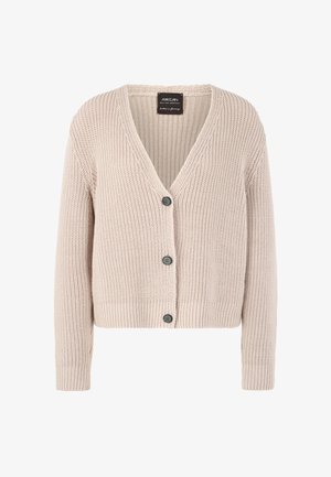 Hellbeige gestrickte Strickjacke mit V-Ausschnitt, fünf dunklen Knöpfen und langen Ärmeln. Mit gerippten Bündchen und Saum für zusätzlichen Textur.