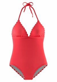 Rode eendelige bikini met gegolfde rand, triangulaire cups, halterstrik en een gladde textuur. Eenvoudig ontwerp geschikt voor zwemkleding.