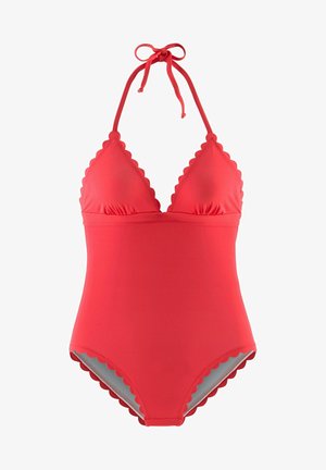 Rdeča enodelna kopalka z valovitimi robovi, trikotnimi skodelicami, z vezanjem za vrat in gladko teksturo. Preprost dizajn, primeren za kopalne kostume.