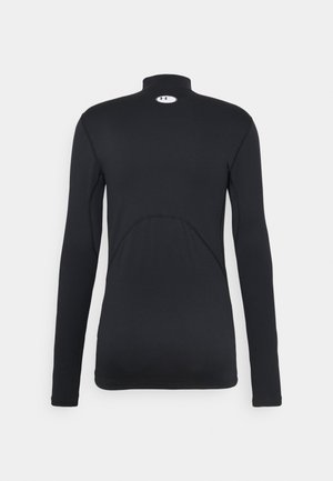 Black athletic long-sleeve top with a high collar, featuring a smooth texture, a fitted design, and a small logo on the back neckline.