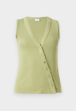 Light green sleeveless top made of ribbed material. Features a v-neckline and seven buttons along the side for closure.