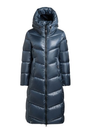 Marineblauwe gewatteerde jas met een hoge kraag, ritssluiting en diagonaal doorgestikt patroon, voorzien van zijzakken en een verstelbare capuchon.