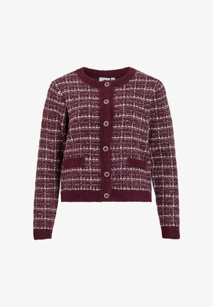 Burgundy knitted cardigan featuring a textured check pattern, round neckline, five front buttons, and two front pockets.