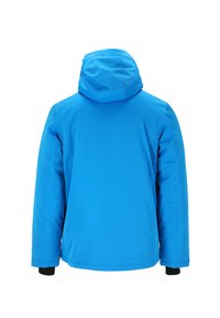 Blå isolerad jacka med huva, elastiska ärmmuddar och en slät textur. Designen är enkel utan synliga logotyper eller mönster.