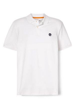 Weißes Polohemd mit klassischem Kragen, dreiknöpfiger Knopfleiste und navyblauem Logo auf der Brust. Baumwollstoff mit kurzen Ärmeln.