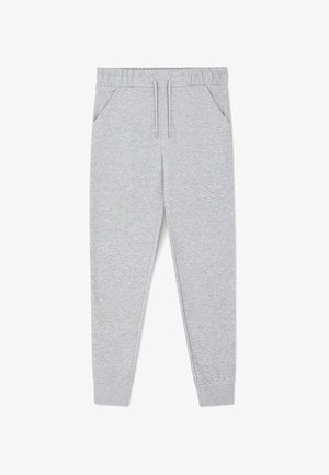 Jasnoszare dresowe spodnie z mieszanki bawełny z elastycznym pasem, sznurkiem do ściągania, ukośnymi przednimi kieszeniami i mankietami na kostkach.