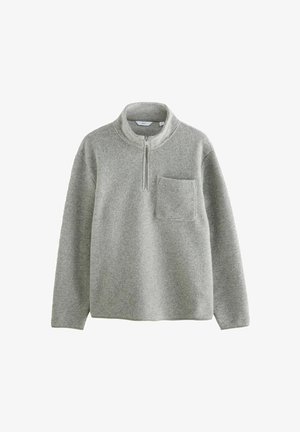 Heled hall fleece-kampsun, millel on lukuga kõrge kaelus, pikad varrukad ja eesmine tasku. Pehme tekstuur ja minimalistlik disain.