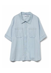 Camicia di denim azzurro chiaro con colletto a punta, maniche corte, due tasche sul petto con chiusura a bottone e una vestibilità rilassata.