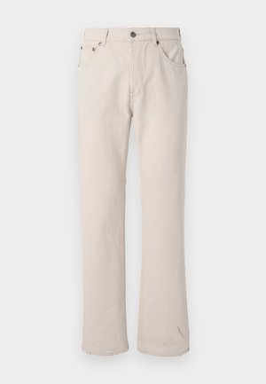Jeans in denim beige con taglio dritto, dotati di cinque tasche, chiusura con bottone e dettagli di cucitura discreti sulle cuciture.