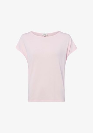 Blouse pour femme rose clair à manches courtes avec encolure arrondie, coupe décontractée et étiquette de marque s.Oliver au niveau du col.