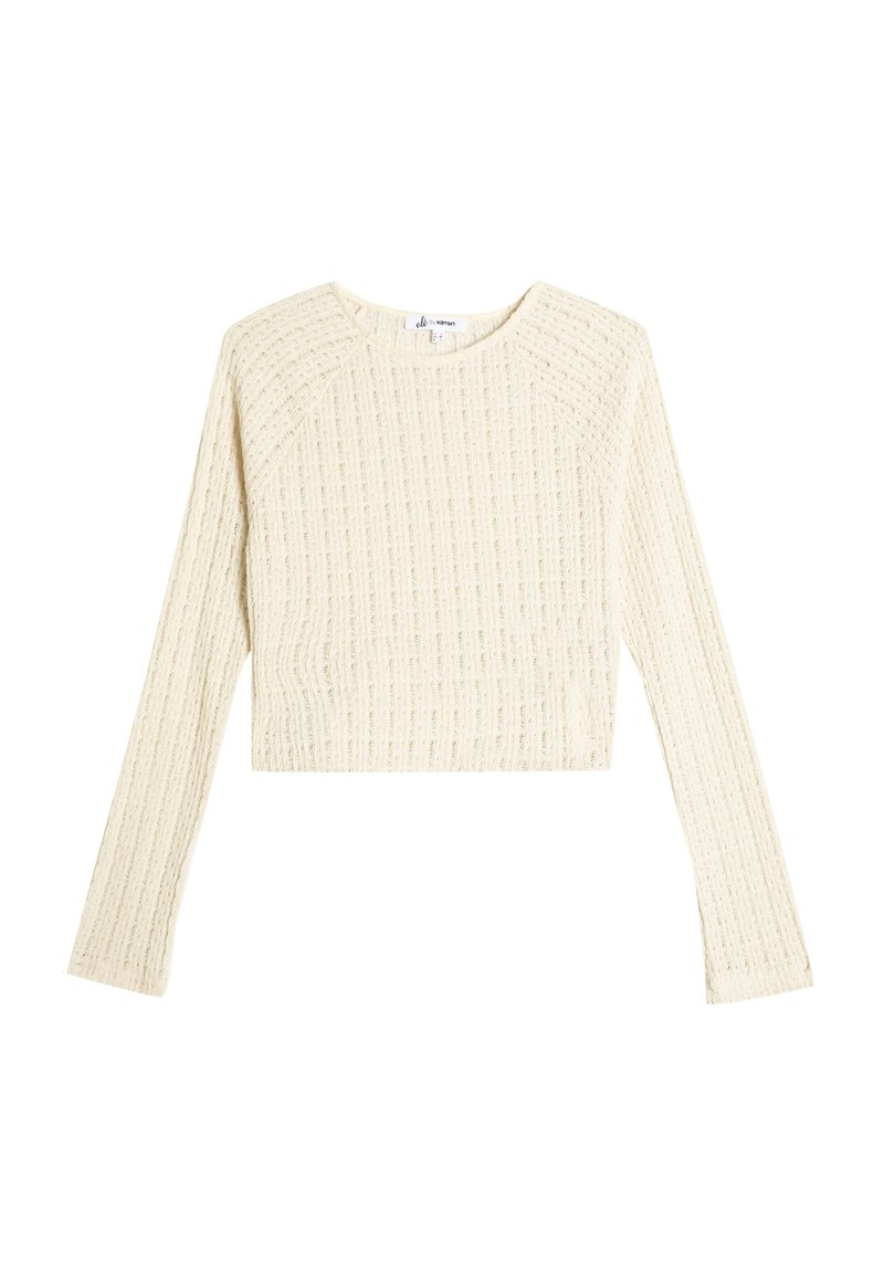 Crème kleurige cropped trui met lange mouwen, voorzien van een textuur, gebreid ribpatroon en een ronde halslijn.