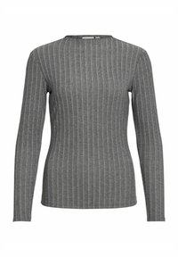 Top de manga larga gris de canalé con corte recto, que presenta sutiles rayas gris claro. Fabricado en un tejido elástico con cuello redondo.