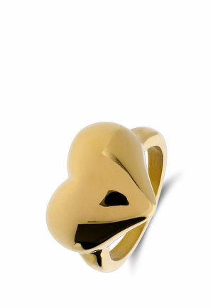 Shiny gold ring with a large, smooth heart-shaped design as the main decorative element.