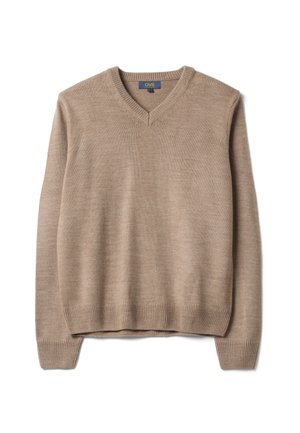Jersey beige de manga larga de punto con cuello en V y puños y bajo acanalados, extendido sobre un fondo blanco.