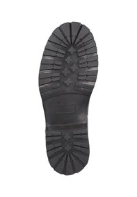 Black rubber boot sole with deep treads and a flat heel. Features diamond-shaped patterns and lines for traction.