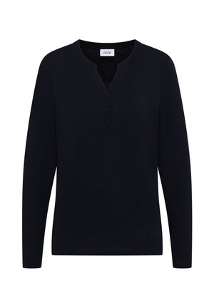 Haut à manches longues marine avec un col henley, doté de trois boutons, d'une coupe décontractée et en coton doux.