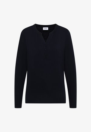 Haut à manches longues marine avec un col henley, doté de trois boutons, d'une coupe décontractée et en coton doux.