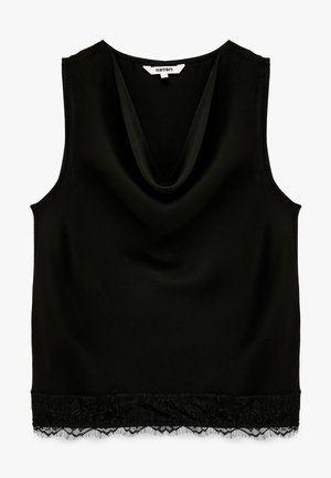 Schwarzes ärmelloses Oberteil mit drapiertem Ausschnitt und Spitzenbesatz am unteren Saum, mit dem Label Koton.
