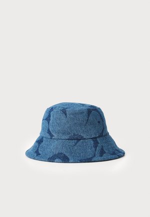 Blue bucket hat made of textured fabric, featuring a tonal floral pattern. Rounded crown and wide, sloping brim.