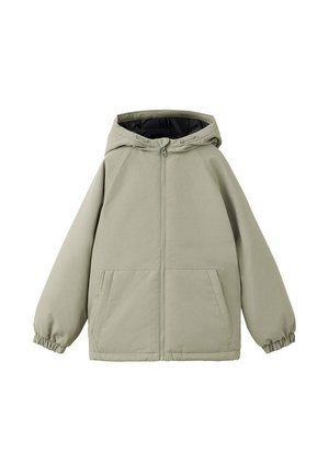 Chaqueta con capucha de color beige claro, con cremallera frontal, dos bolsillos y puños elásticos en las mangas, mostrada sobre fondo blanco.