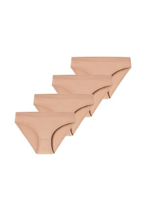 Vier beiger nahtloser Damen-Bikinislips, versetzt in einer Reihe auf weißem Hintergrund angeordnet.