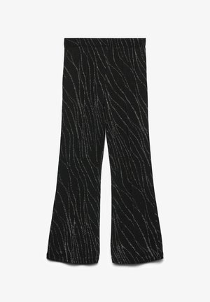 Zwarte uitlopende broek met een textuurstof met zilveren golvende patronen. De tailleband is elastisch, wat het comfort en de pasvorm verbetert.