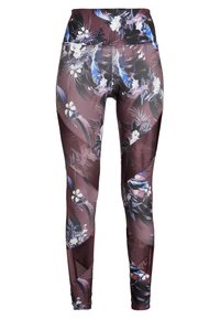 Höga leggings gjorda av stretchmaterial. Mörk burgunderbotten med blommönster och blad mönster i vitt och blått. Dekorativa nätdetaljer.