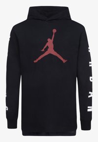 Hoodie noir à manches longues, avec un logo Jordan rouge sur le devant et du texte blanc le long des manches. Fabriqué en matériau en coton.
