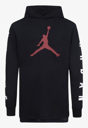 Zwarte hoodie met lange mouwen, voorzien van een rood Jordan-logo op de voorkant en witte tekst langs de mouwen. Gemaakt van katoen.
