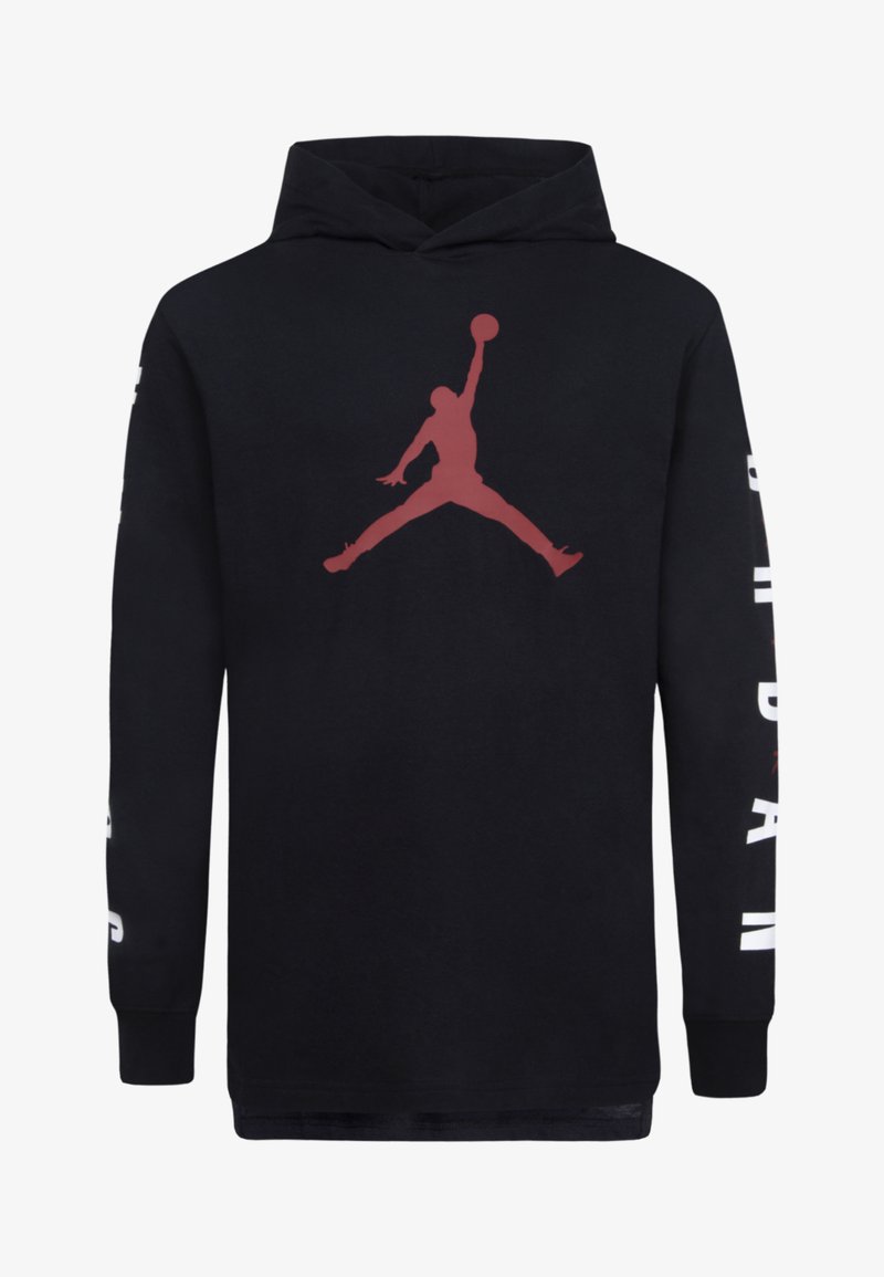Felpa nera con maniche lunghe, con un logo rosso di Jordan sul davanti e testo bianco lungo le maniche. Realizzata in materiale di cotone.