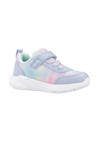 Scarpa da atletica azzurro chiaro con parte superiore testurizzata caratterizzata da un gradiente pastello multicolore, suola in gomma bianca e cinturino regolabile.