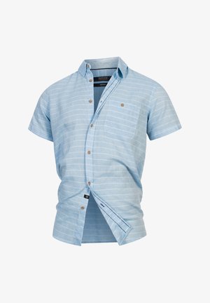 Light blue short-sleeve button-up shirt with white horizontal stripes, featuring a chest pocket and brown buttons. Cotton fabric, casual design.