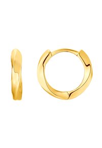 Gulltone hoop øreringer med en bølgete design, glatt tekstur og en polert overflate. Inkluderer et sidebilde og et hovedfrontalbilde.